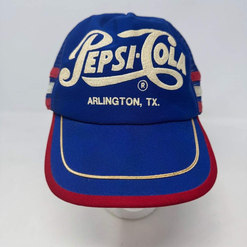 Vintage Pepsi-Cola Trucker Hat Arlington TX Mesh Snapback Blue Red Made in USA